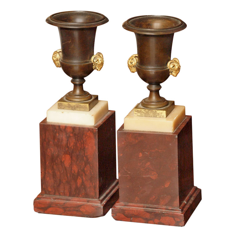 PAIR OF FRENCH ROUGE MARBLE AND BRONZE URNS