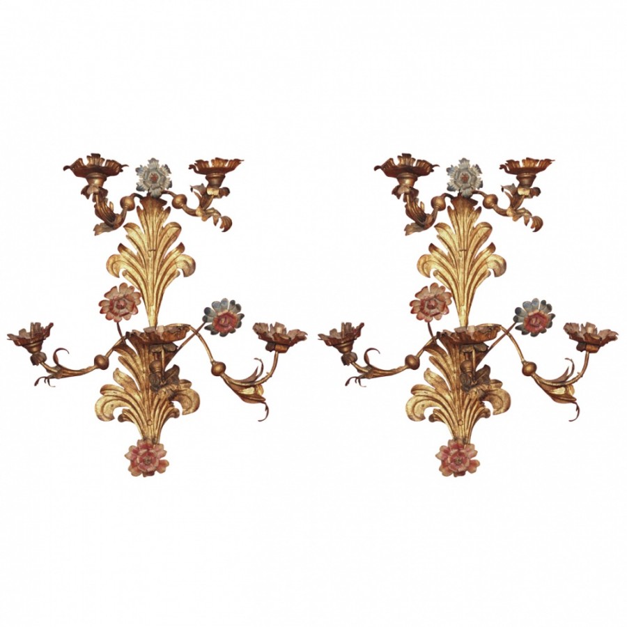 Monumental Pair of 18th c.Gilt and painted Iron Piedmontese Wall Sconces