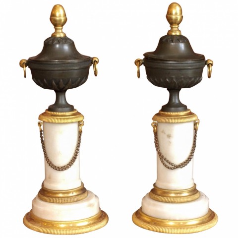 Pair of Period Louis XVI Patinated and Gilt Bronze with Marble Cassolet