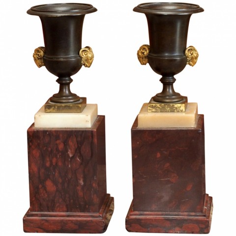 Pair of French NeoClassical Bronze Urns on Rouge Marble Bases
