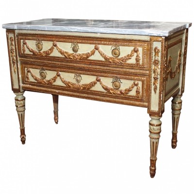 18th c. Lombardy Italian Painted and Parcel Gilt Louis XVI Commode