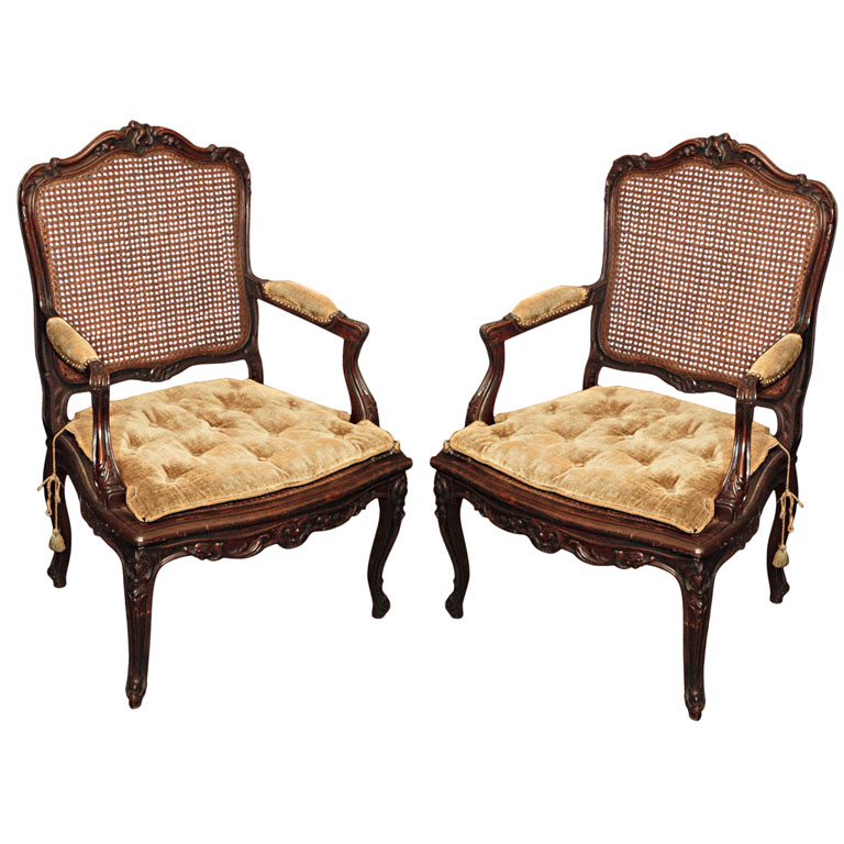 Pair Of Louis Xv Style Walnut Cane Armchairs