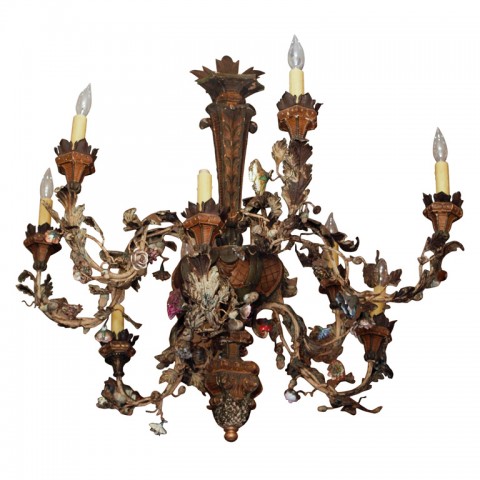 Italian Giltwood, Iron, Tole and Porcelain Chandelier
