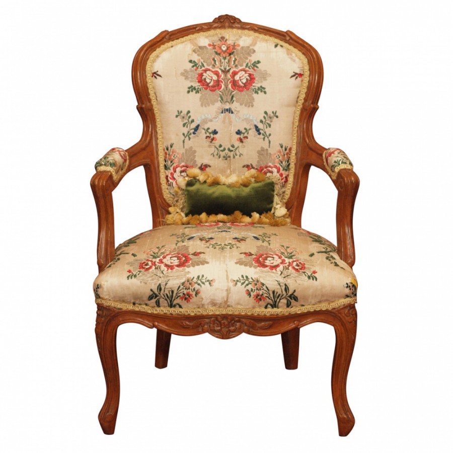 18th c French Louis XV Childs Fauteuil with 18th c. silk