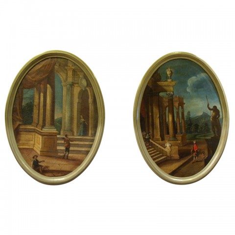PAIR ITALIAN OIL ON CANVAS OVAL LANDSCAPES