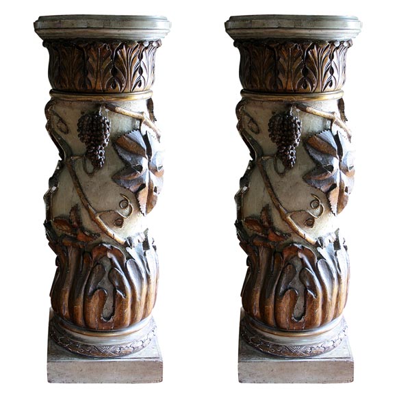 Pair of Italian Paint and Parcel Gilt Columns