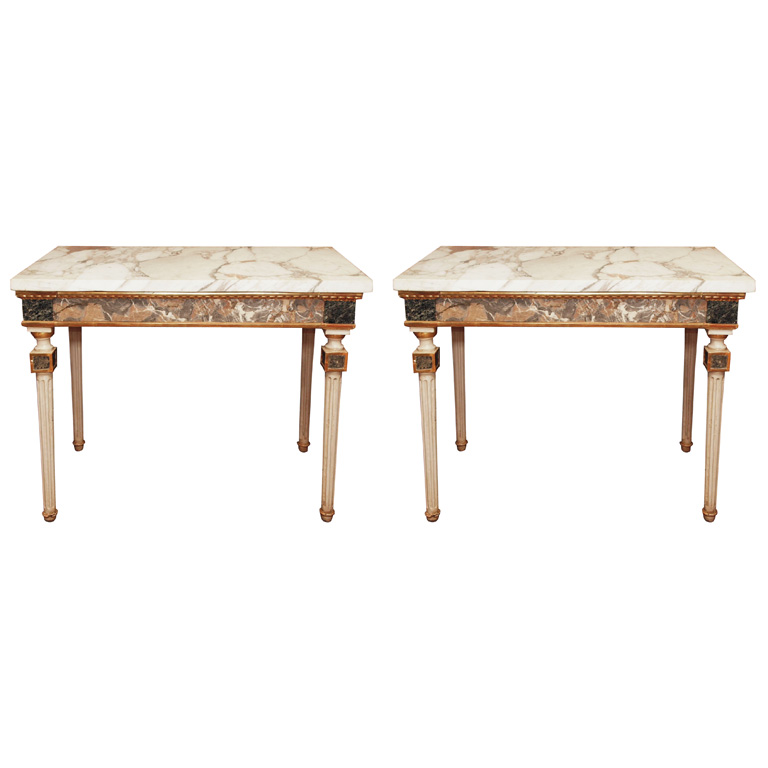 Pair Of Marble Inlaid Italian Console Tables