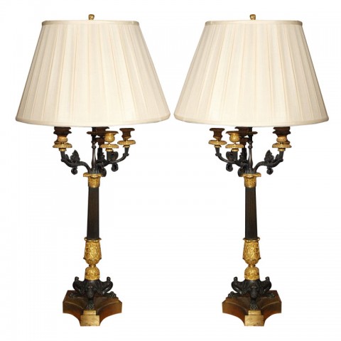 PAIR OF 19TH C CHARLES X GILT AND BRONZE CANDELSTICKS AS LAMPS
