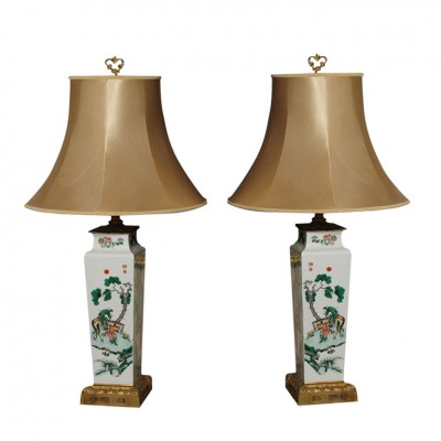 EXCEPTIONAL PAIR OF FAMILLE VERT VASE MOUNTED AND AS LAMPS