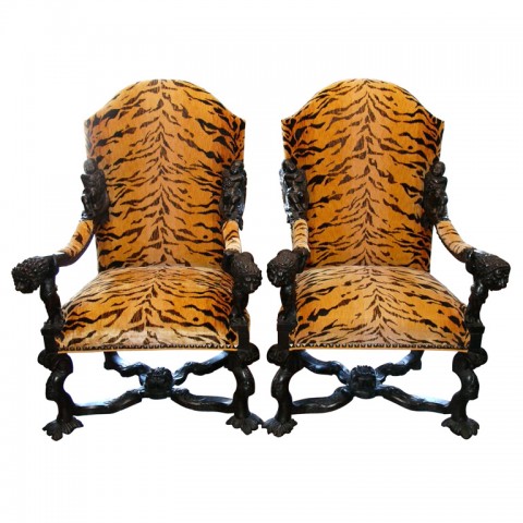 Monumental Pair Of Italian Ebonized Armchairs