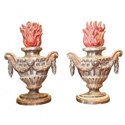 Pair Italian Gilt wood And Polychrome Flaming Urns