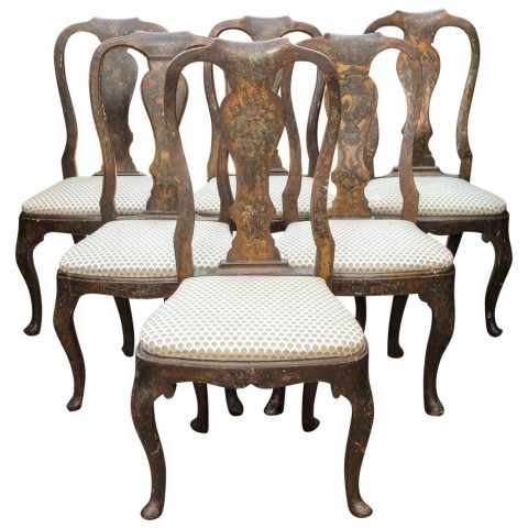 Set of Six 18th Century Hand-Painted Italian Vase Splat-Back Chairs