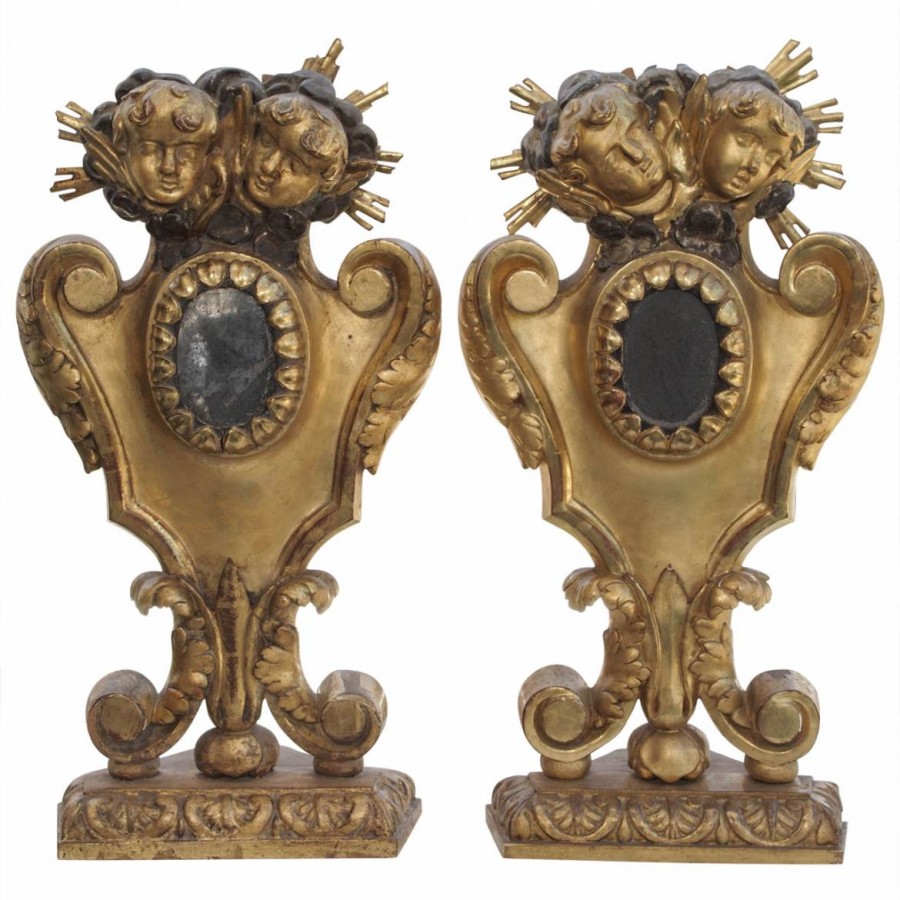 Pair of Italian Gilt Wood Reliquary with Putti Head Decoration