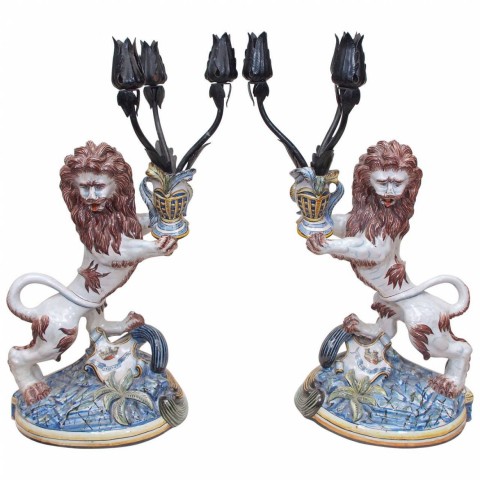 St. Clement Faience Lions with Iron Candlearms