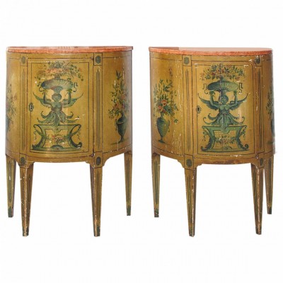 Pair of Italian Painted Demilune Cabinets with Marble Tops