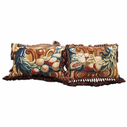 Pair of 17th Century Tapestry Fragments with Fruit and Columns Now as Cushions