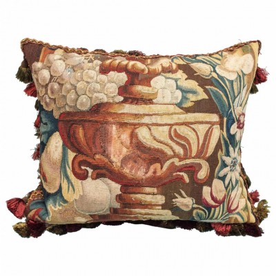 French Aubusson Tapestry Fragment Depicting a Garden Urn Now as a Cushion