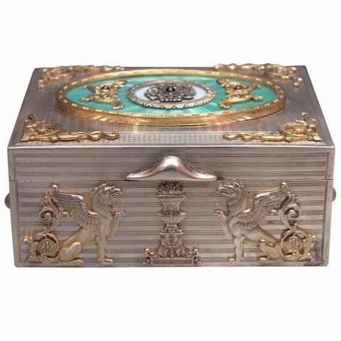 Russian Guilloche Enameled Jeweled Silver Box