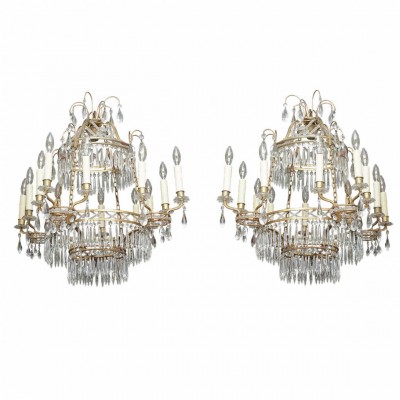 Pair of Late 19th Century Baltic Bronze and Crystal Chandeliers