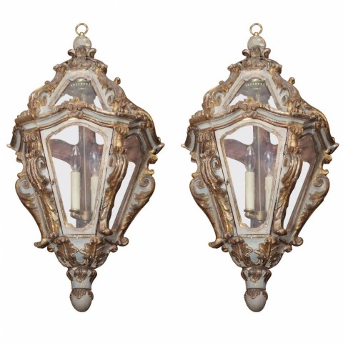 Pair of Italian Parcel-Gilt and Painted Lanterns