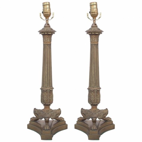 Pair of Bronze Trifed Base Column Lamps from Candlesticks