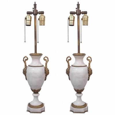 Pair of French Marble Gilt Mounted Garniture Now as Lamps