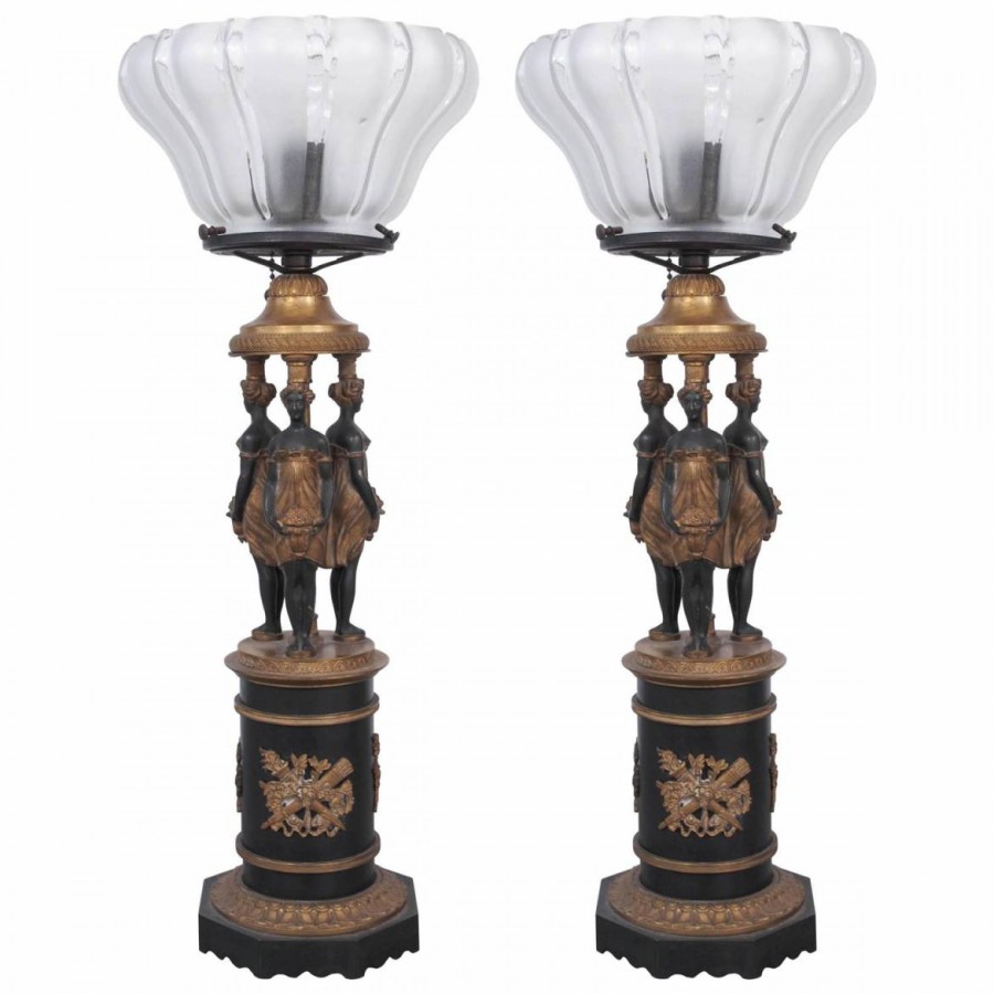 Pair of Gilt Bronze and Patinated Bronze Lamps with Three Graces