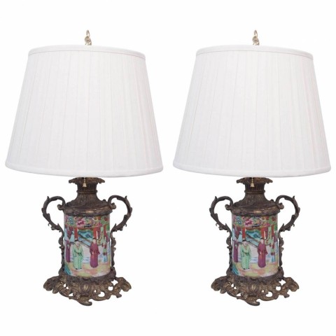 Pair of Rose Medallion Bronze Mounted Carcel Lamps