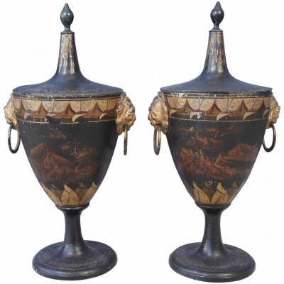 Pair of Tole Painted and Gilt Covered Chestnut Urns