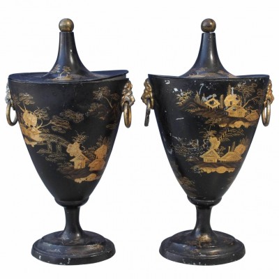 Pair of Early 19th Century Tole Piente Chestnut Urns with Chinoiserie Decoration