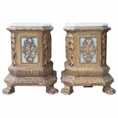 Pair of Italian Giltwood Plinths with Later Marble Tops