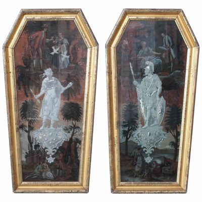 Pair of Coffin Shaped Cut and Églomisé Painted Glass Panels
