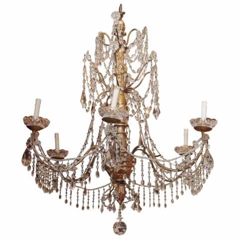 Italian Genovese Giltwood, Gilt Iron and Crystal Chandelier