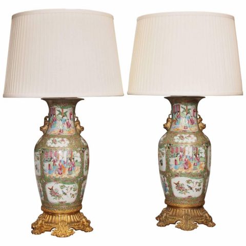 Pair of Chinese Famille Rose Vase with Gilt Bronze Mounts Now as Lamps