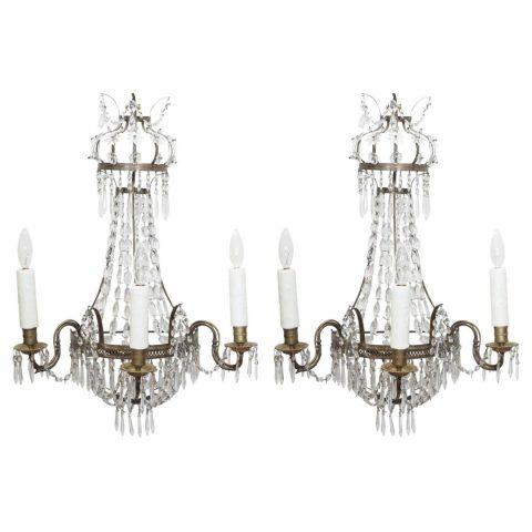 Pair of Italian Empire Wall Sconces of Brass with Crystal