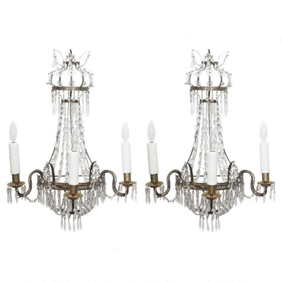 Pair of Italian Empire Wall Sconces of Brass with Crystal