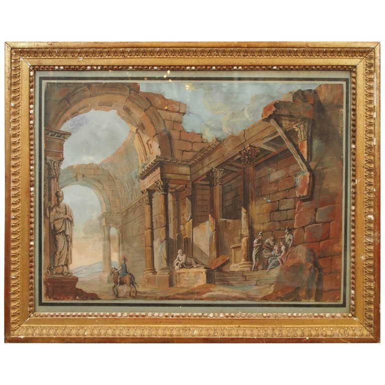 19th Century Gouache of Classical Ruins in Gilt Frame