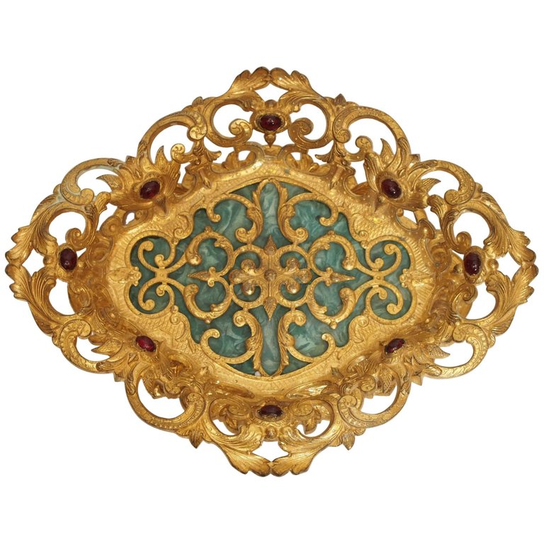 19th Century Italian Gilt Bronze and Jeweled with Malachite Base Tazza