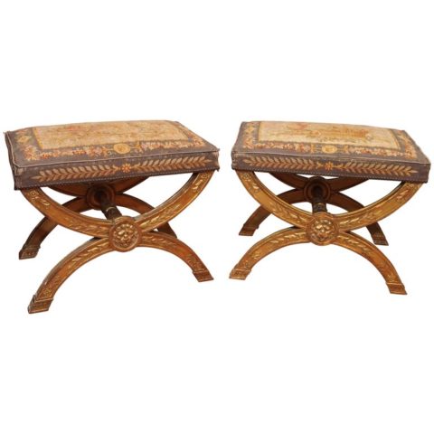 Pair of Signed Gilt Curole Stools with Aubusson Covering