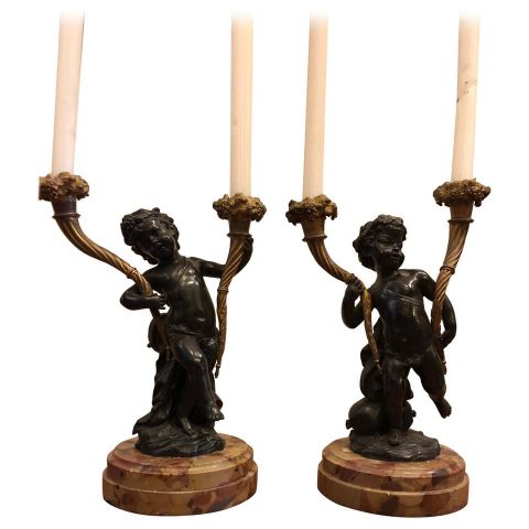 Pair of Patinated and Gilt Bronze 2-Arm Candlesticks