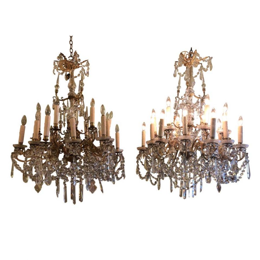 Pair of French Gilt Bronze and Baccarat Crystal Chandeliers
