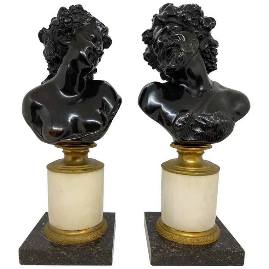 Pair of Continental Patinated Bronze Busts on Marble Plinths