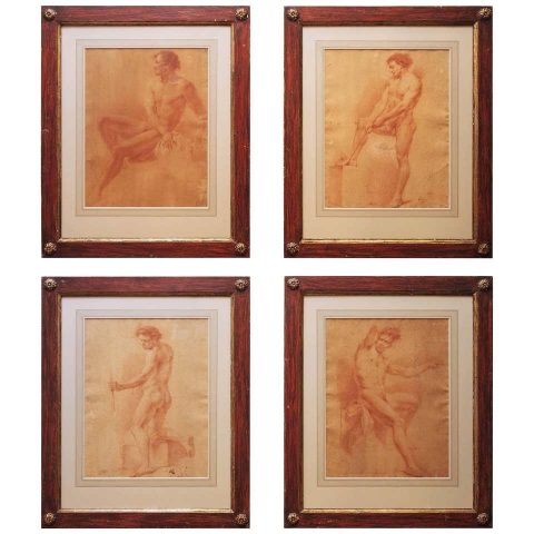Set of Four 18th Century Sanguine Drawings of Male Nudes