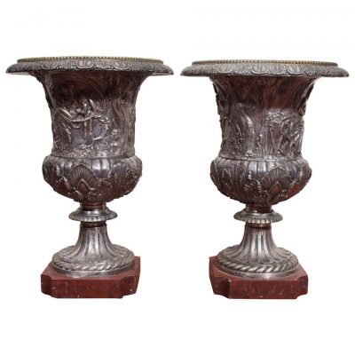 Pair of French Neoclassical Silver over Bronze Urns on Rouge Marble