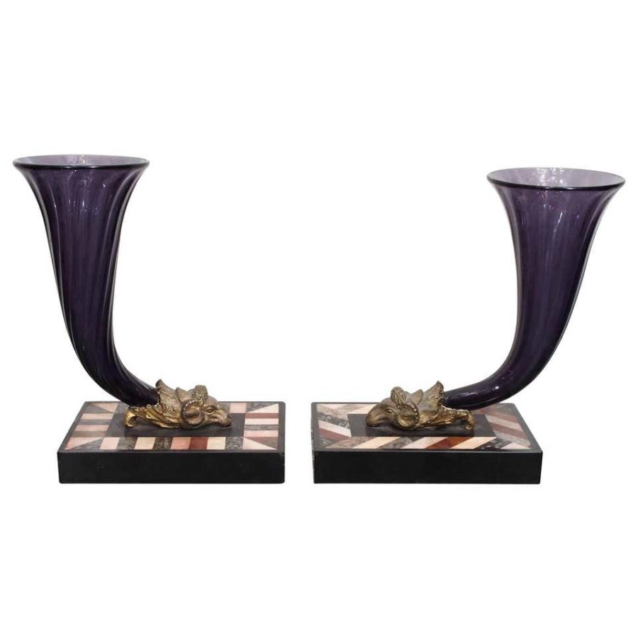 Pair of Amethyst Glass Cornucopia Vases