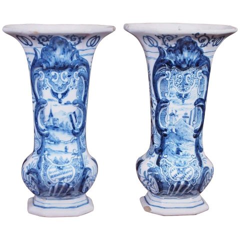 Pair of 19th Century Delft Trumpet Form Vases