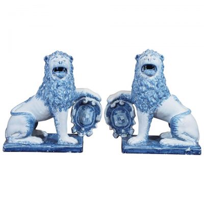 Pair of Blue and White Delft Lions with Shields