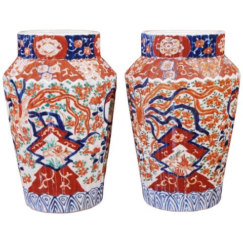 Pair of Ribbed Imari Vases